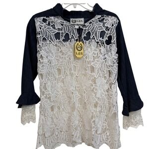 L&B Lucky & Blessed Women Denim Lace Top Blue White Western Floral NWT S Country